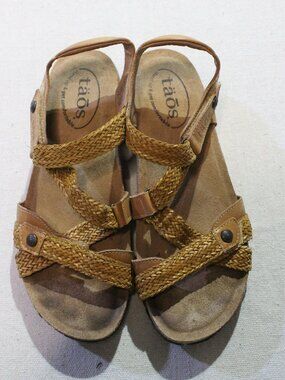 Taos Trulie Tan Braided Leather Comfort Wedge Sandals, Sz 39 (US 8-8.5)
